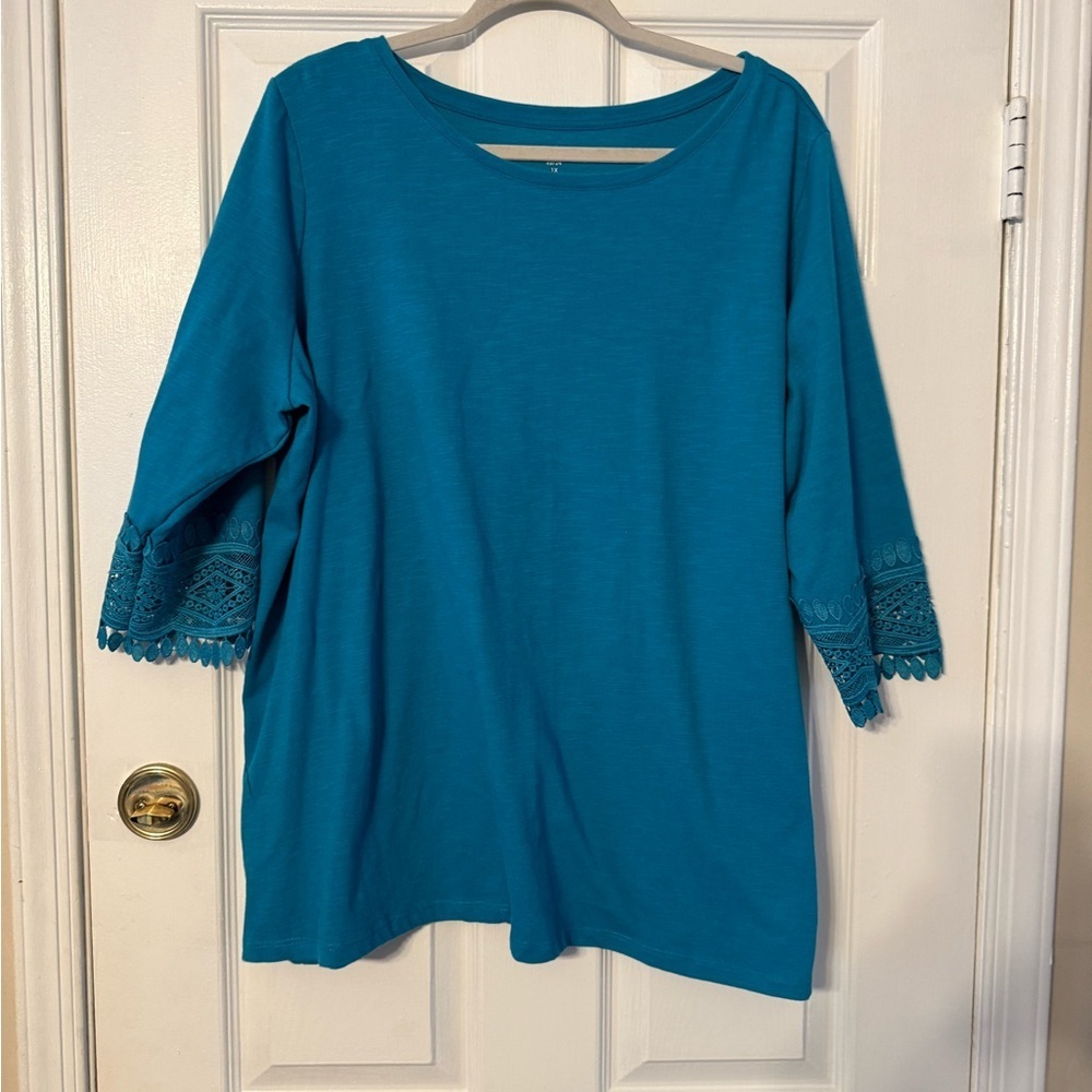 Woman Within Teal Lace-Trim 3/4 Sleeve Tunic